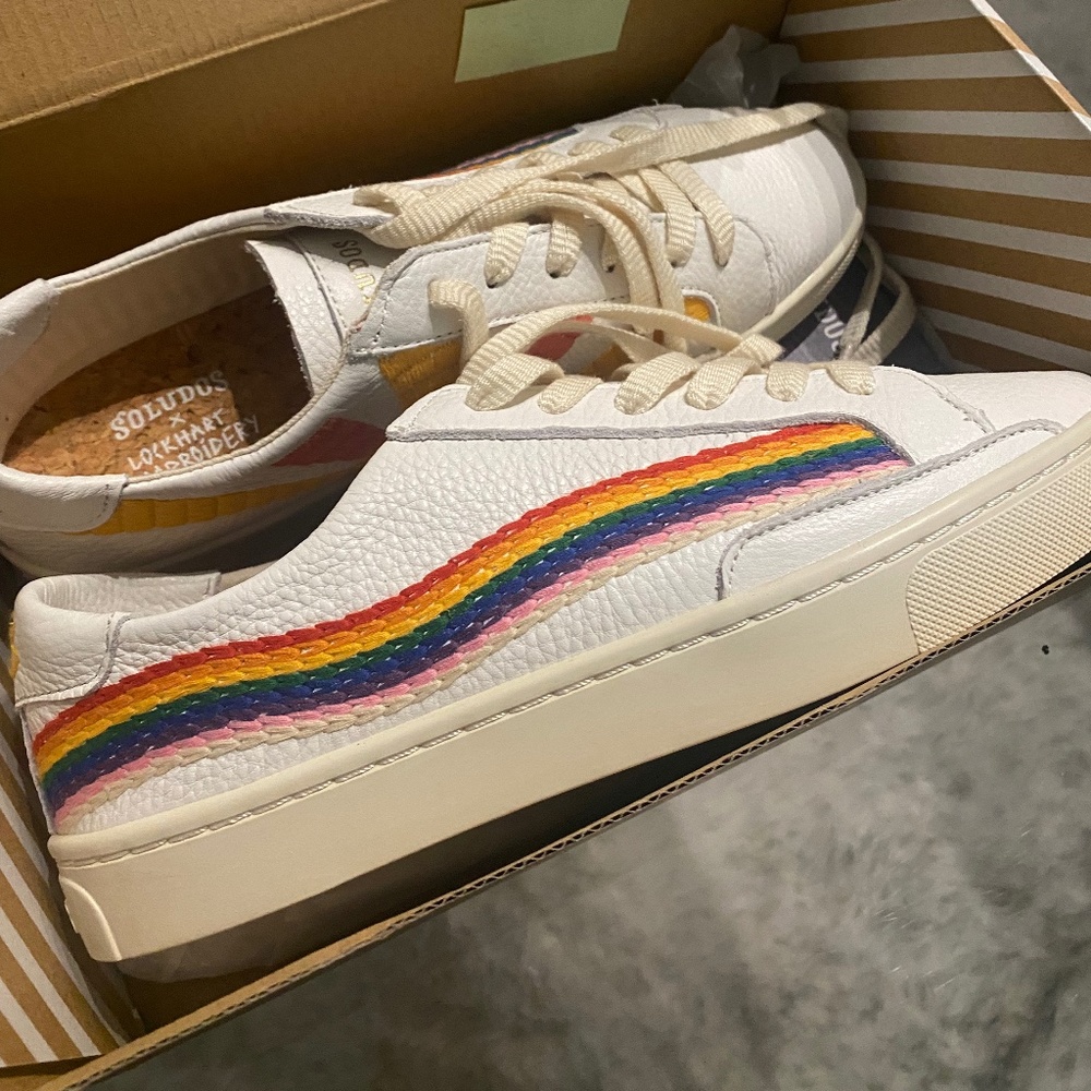 Soludos x Lockhart Embroidery Rainbow Sneakers Size 7.5 Rainbow Wave, Good Vibes